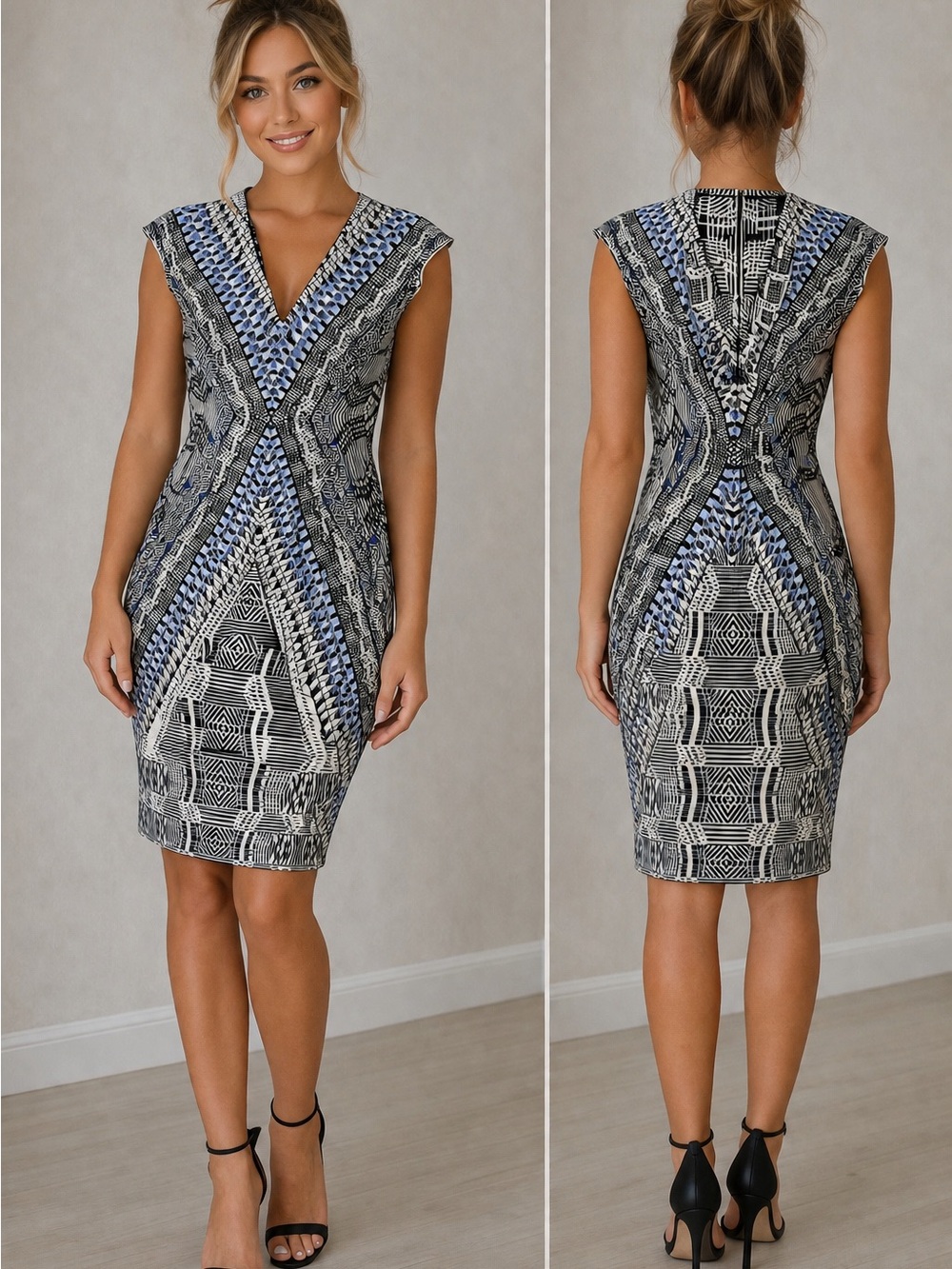 White House Black Market Blue & Black Geometric V-Neck Midi Dress